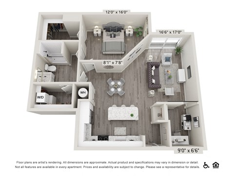 Floor plan for 1 bed, 1 bath, 1073 sqft